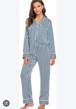 Serenedelicacy Satin Pajama Set Small Navy Blue Ivory Striped 2 Piece